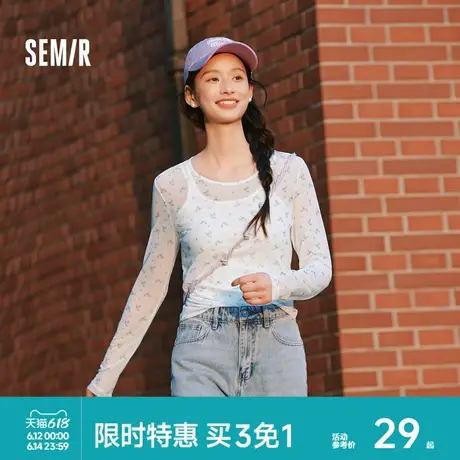 森马长袖T恤女设计感满印修身叠穿2025春季新款薄透网纱上衣温柔商品大图