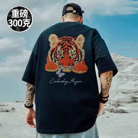 300g美式重磅宽松胖子T恤黑色短袖五分袖纯棉国潮加肥加大码男装商品大图