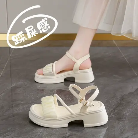 仙女风绝美凉鞋女2025新款夏季中跟百搭增高一字带罗马鞋34码孕妇图片