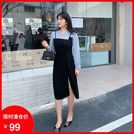 2023秋新款拼接撞色假两件中长款法式茶歇胖妹妹连衣裙显瘦大码商品大图