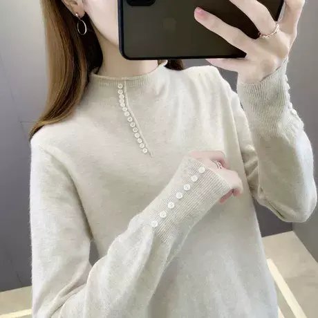 秋冬装半高领女士打底毛衣女2023年新款纽扣纯色修身针织衫上衣女商品大图
