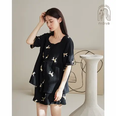妮狄娅2024睡衣女夏季纯棉纱布法式方领时尚开衫款宽松家居服套装商品大图