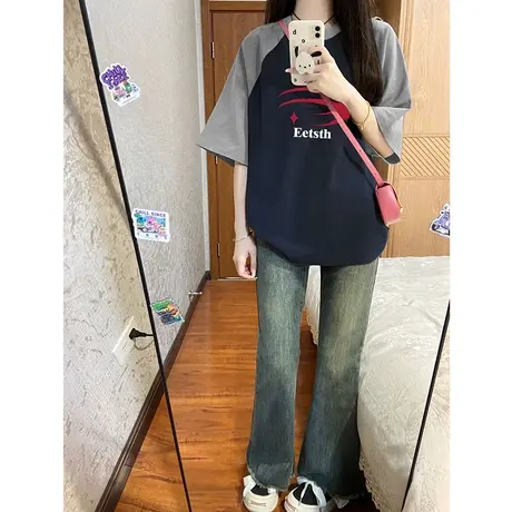 夏季中性风上衣大码纯棉chic港风复古显瘦插肩袖T恤潮牌ins短袖女图片