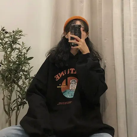 暗黑系连帽卫衣女hiphop美式风格穿搭炸街加绒宽松慵懒风chic超火商品大图