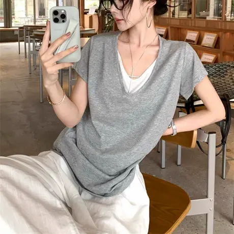 oversize假两件v领短袖t恤女慵懒松弛感穿搭chic上衣女宽松ins潮商品大图