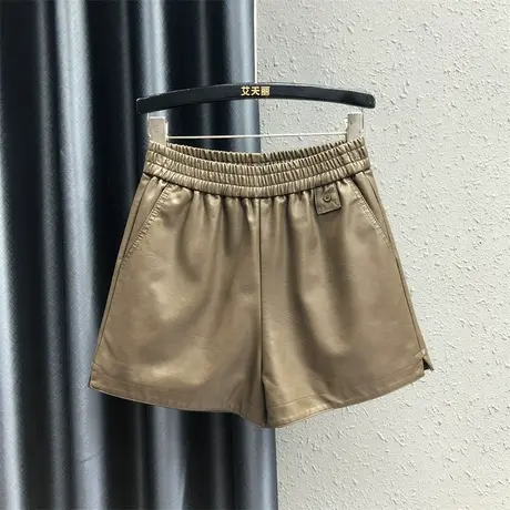 咖啡色松紧腰靴裤女2023秋季新款百搭洋气宽松显瘦阔腿裤皮短裤潮商品大图