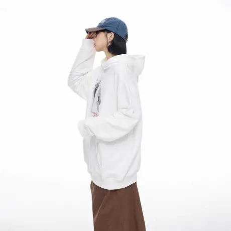 美式复古模糊人像印花连帽卫衣女秋季新款潮牌宽松休闲情侣款上衣商品大图