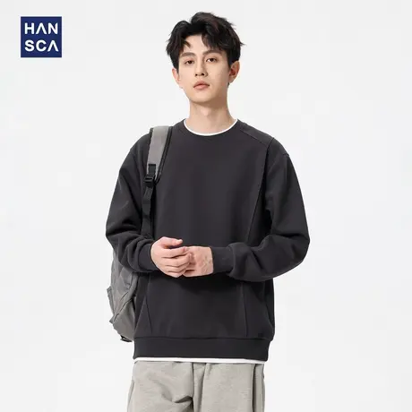 hansca320g重磅圆领套头卫衣男士2025秋季宽松撞色拼接假两件上衣商品大图
