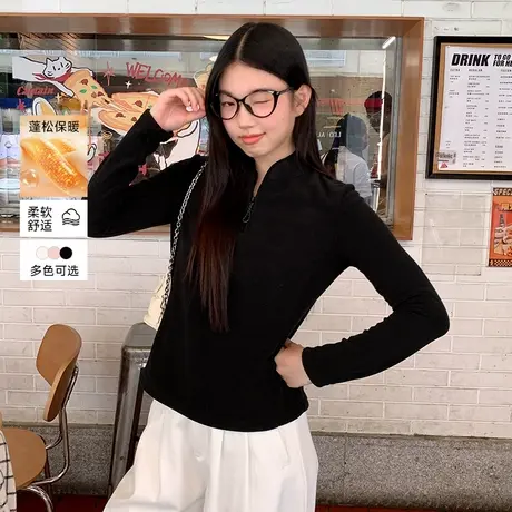 KHV真维斯黑色半拉链摇粒绒卫衣外套女2025秋冬新款内搭保暖上衣商品大图