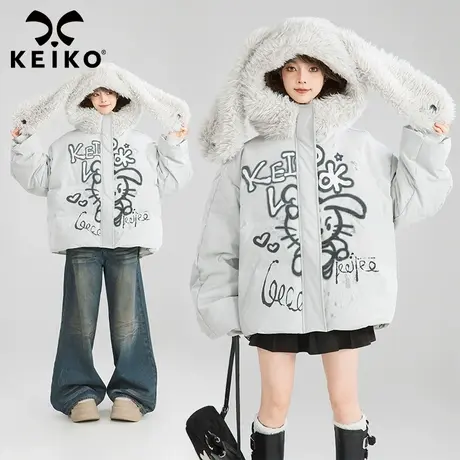 KEIKO 可爱兔耳朵连帽羽绒服24冬季日系涂鸦印花短款加厚保暖外套图片