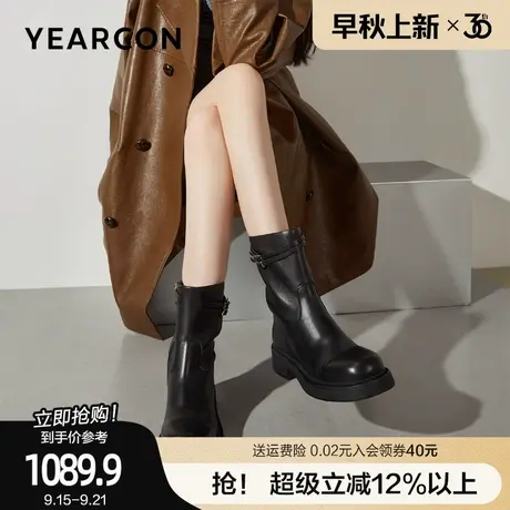 意尔康真皮骑士靴女2025新款冬皮带扣中筒靴圆头粗跟侧拉链机车靴商品大图