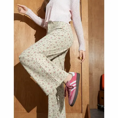 唐狮春秋季女碎花牛仔长裤田园风小清新直筒裤子时尚独特设计tu图片