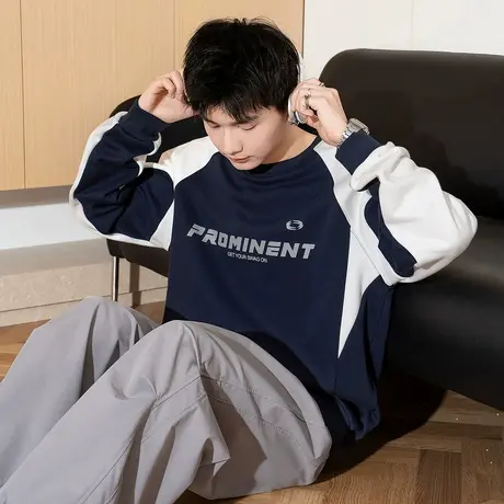 唐狮春季新款男生卫衣美式复古撞色圆领上衣宽松青少年外套潮TD商品大图