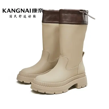 康奈女靴冬季新款厚底高跟骑士靴英伦风松紧带时装靴子女士中筒靴商品大图