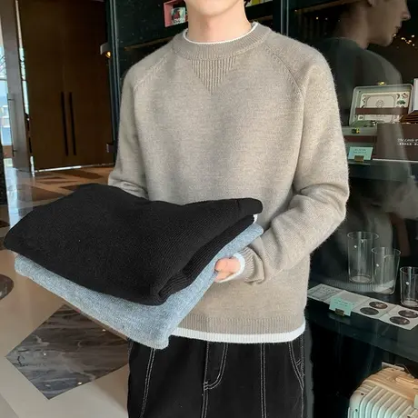 毛衣男秋冬加绒纯色宽松圆领韩版针织衫简约保暖套头打底毛衫线衣商品大图