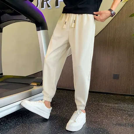束脚卫裤男秋季潮流新款纯色条纹宽松运动哈伦裤九分小脚休闲裤图片