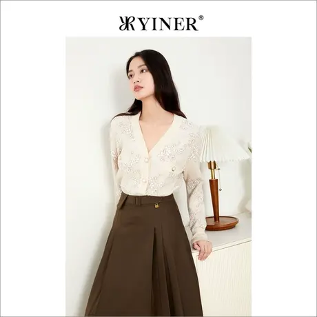 代退-音儿美地女装2022秋季新款v领短款上衣女提花钉珠针织开衫商品大图