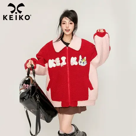 KEIKO [夹棉] 拼色羊羔毛棉服外套女2023冬季美式复古毛茸茸夹克商品大图
