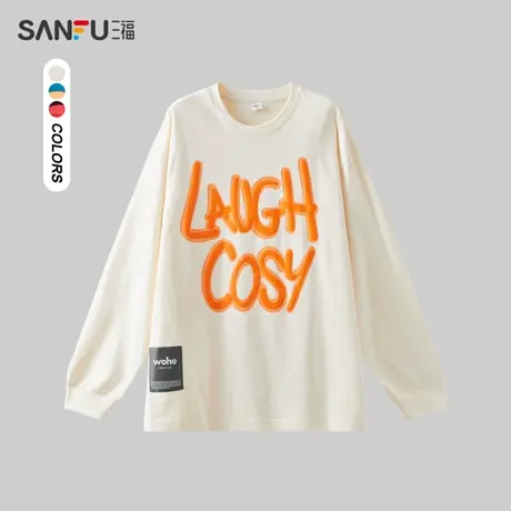 三福2023冬男士撞色字母长袖T恤 时尚纯棉宽松圆领上衣477975商品大图