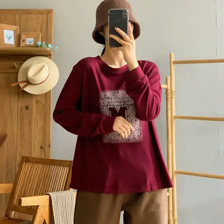 dza复古宽松圆领套头双面绒德绒T恤女秋冬内搭打底衫休闲长袖上衣商品大图