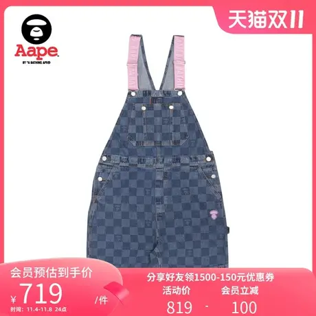 Aape旗舰店女装春夏潮流猿颜徽章格纹牛仔背带短裤6869XXI商品大图