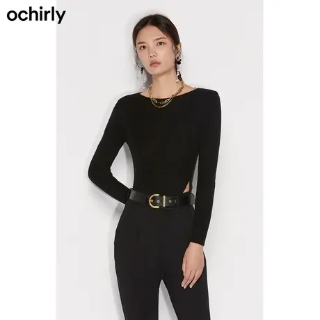 【七七酱专享】欧时力 羊毛针织毛衣 新款秋装链条肩垫挖空不规则商品大图