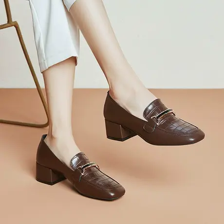 2023春季新款牛皮粗低跟鞋方头棕色乐福鞋复古皮鞋单鞋女商品大图