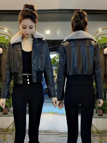 加绒加厚皮衣外套女2023秋冬新款时尚减龄百搭PU皮短款修身外套潮商品大图