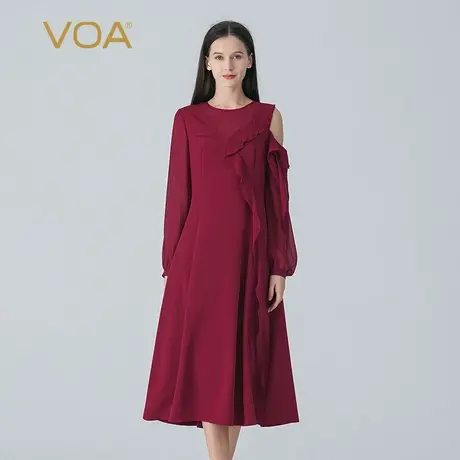 VOA36姆米桑蚕丝弹力重绉酒红圆领长袖露肩不对称拼接中长连衣裙图片