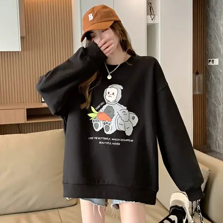 唐狮黑色设计感卫衣女春秋装新款圆领外套宽松小众潮牌ins卫衣商品大图