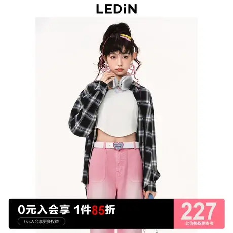 乐町休闲格纹衬衫2023秋季新款女可爱休闲C1CAD1402商品大图