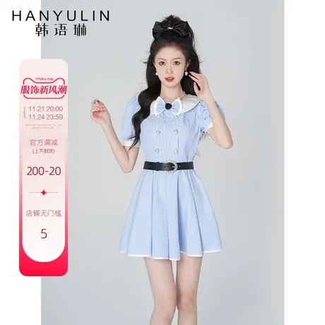 韩语琳空间学院风蓝色短袖连衣裙女夏季休闲简约蝴蝶结条纹短裙子图片