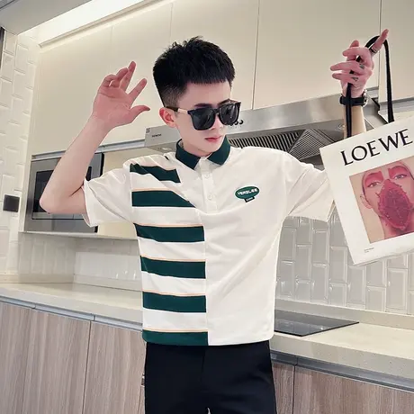 新款夏季短袖polo衫男2023潮牌时尚拼接条纹设计感小众半截袖T恤图片