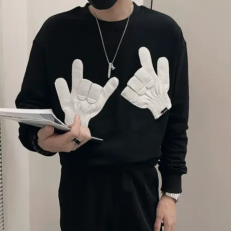 春秋季个性手套装饰设计感长袖t恤男宽松小众痞帅休闲套头卫衣男商品大图
