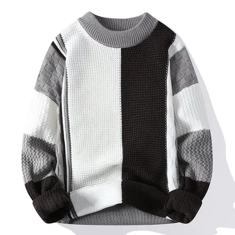 国潮高街男士毛衣设计感条纹拼接针织衫男秋冬季绵羊绒圆领毛线衣商品大图