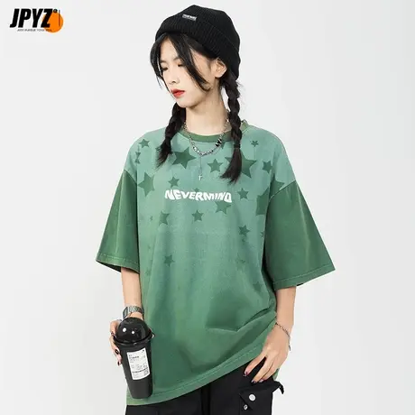 星星印花重磅纯棉短袖宽松做旧复古美式街头嘻哈半袖情侣款t恤男图片