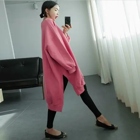 韩版慵懒风bf宽松大码圆领开叉无帽卫衣女秋冬打底衫时尚休闲外套图片