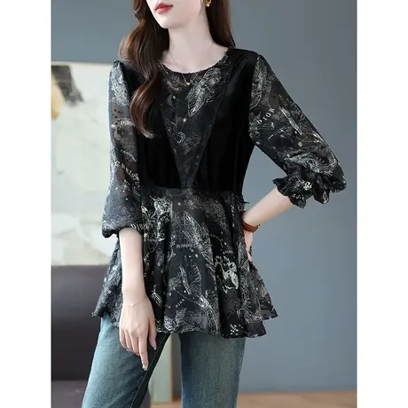宝诗黎印花丝绒拼接雪纺衫设计感圆领上衣女2024新款宽松长袖春装商品大图
