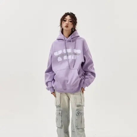 YEP反光印花连帽卫衣女加绒2023新款冬季套头加厚复古宽松外套商品大图