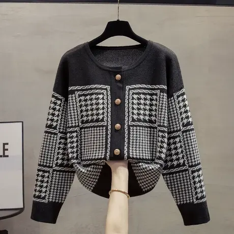 千鸟格圆领针织开衫女2023秋装新款宽松外穿上衣外搭OL毛衣外套潮商品大图