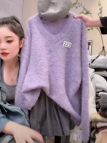 超好看奶fufu紫色毛衣女秋冬新款慵懒风温柔软糯高级感针织衫上衣图片