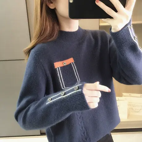 半高领加厚打底衫女士上衣宽松套头毛衣秋冬季新款女装复古外穿商品大图