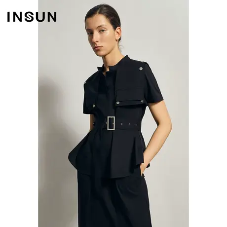 INSUN恩裳夏季工装风黑色短袖衬衫商品大图