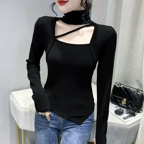 性感镂空露锁骨T恤女长袖不规则撞色格子上衣洋气高领打底衫春秋商品大图