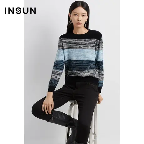 INSUN恩裳奥莱冬季100%绵羊毛条纹花纱针织衫商品大图