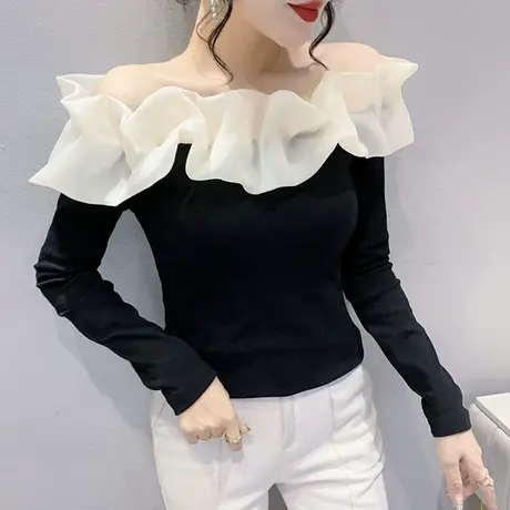 性感露肩一字领T恤女长袖气质网纱拼接荷叶边上衣显瘦百搭打底衫商品大图