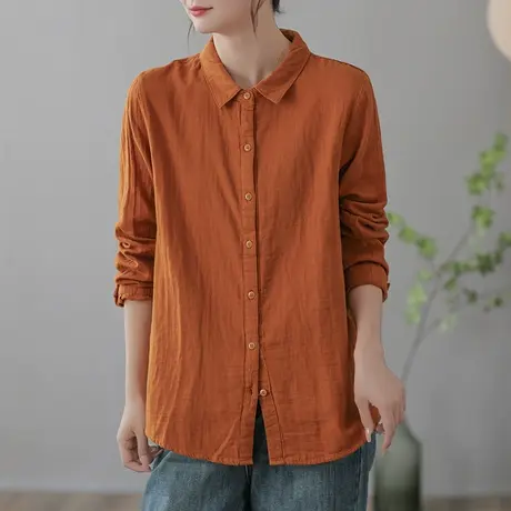 dza 复古纯色全棉polo领长袖衬衫女春秋内搭显瘦上衣宽松休闲衬衣商品大图