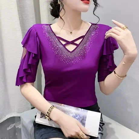网纱五分袖T恤女2024夏季新款欧货时尚性感V领上衣修身荷叶边小衫图片