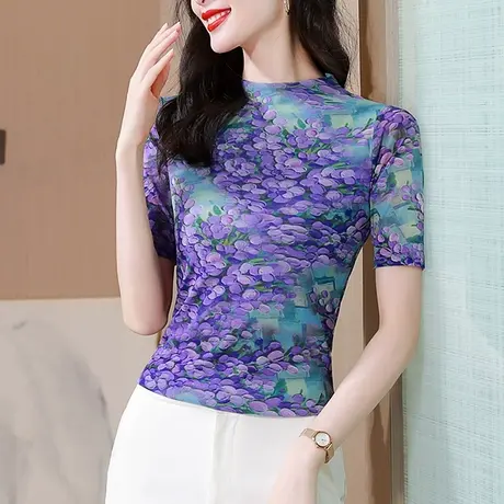 复古印花T恤女短袖夏装2024新款气质减龄妈妈上衣修身网纱小衫潮图片
