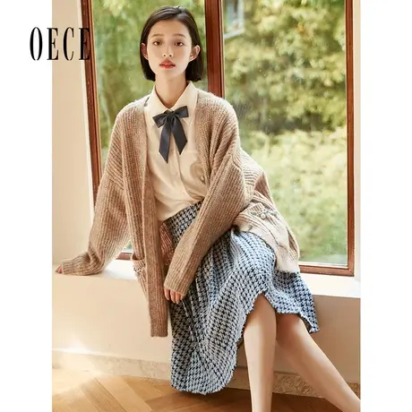 Oece复古百褶裙秋冬季新款女装千鸟格半身裙春秋短裙百搭裙子图片